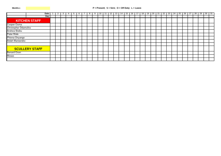 Kitchen Attendance Register | PDF