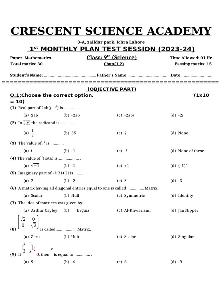 Class 9 Math Monthly Test Paper | PDF | Functions And Mappings ...