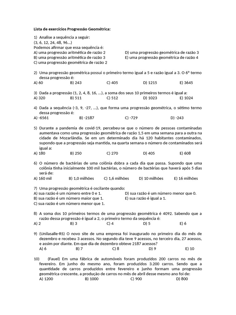 Exercícios sobre Progressão Geométrica | PDF