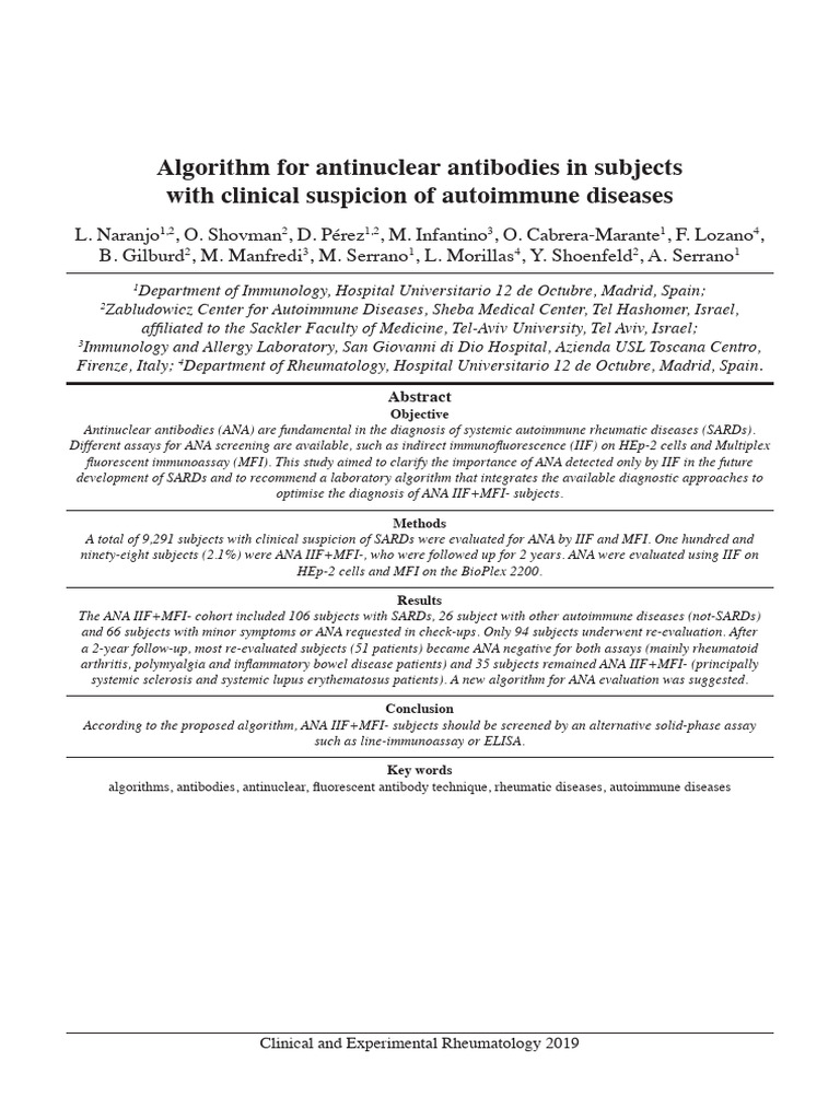 Algorithm For Antinuclear Antibodies in Subjects With Clinical ...