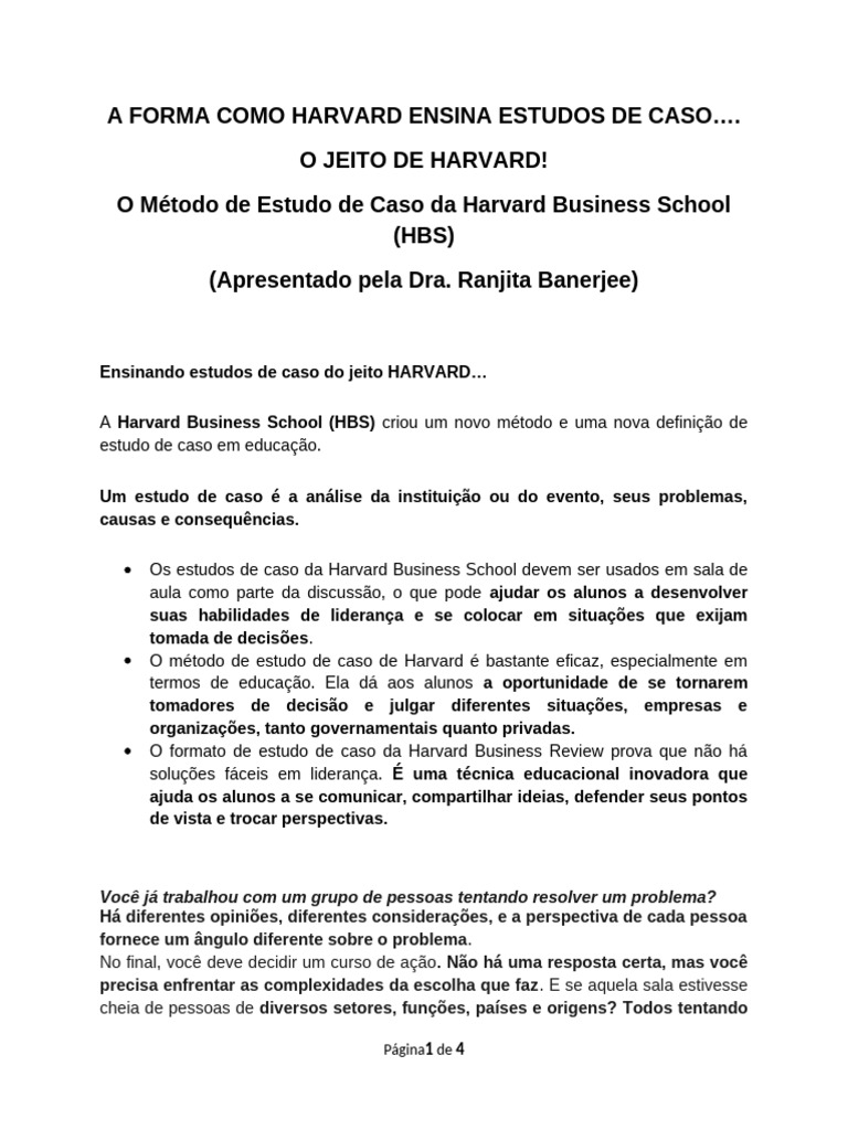 Método Harvard de Estudo de Caso | PDF | Estudo de caso | Pensamento
