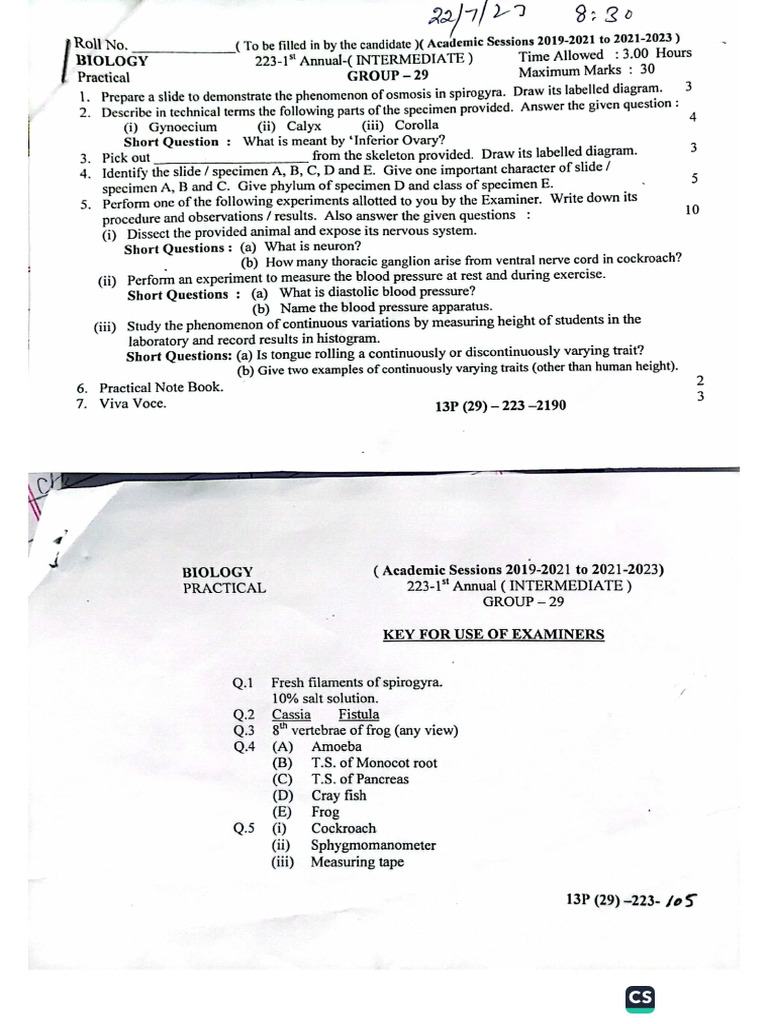 Practicals Papers FSC Biology | PDF
