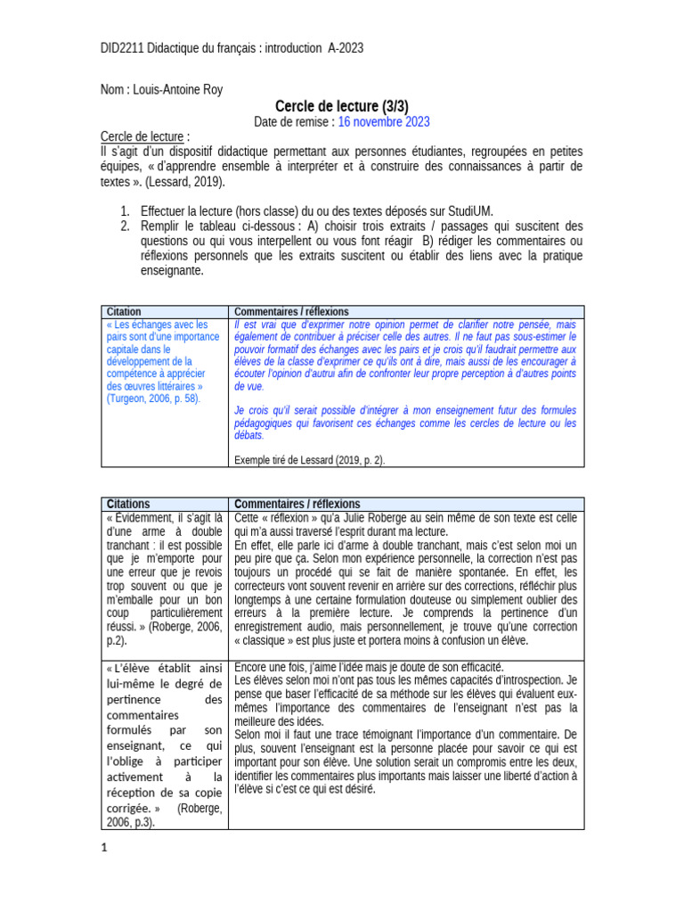 Cercle de lecture en didactique du français | PDF
