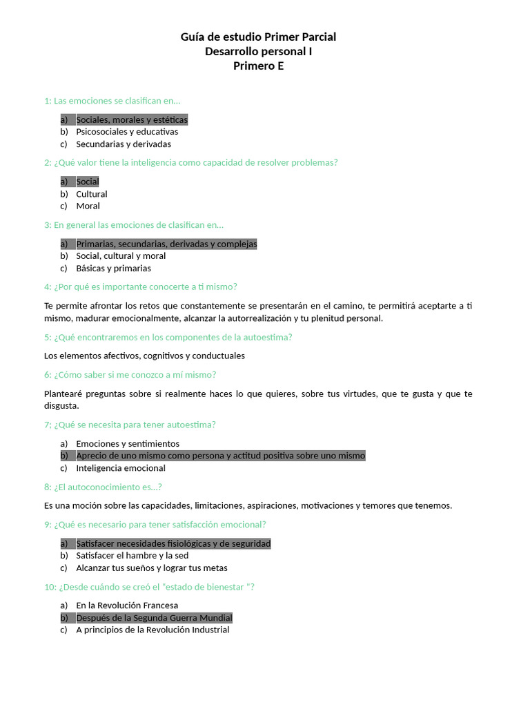 GuÃ A de Estudio Primer Parcial | PDF | Desarrollo personal | Las emociones