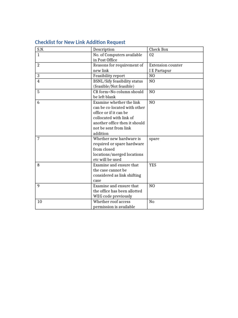New Link Addition Request Checklist | PDF