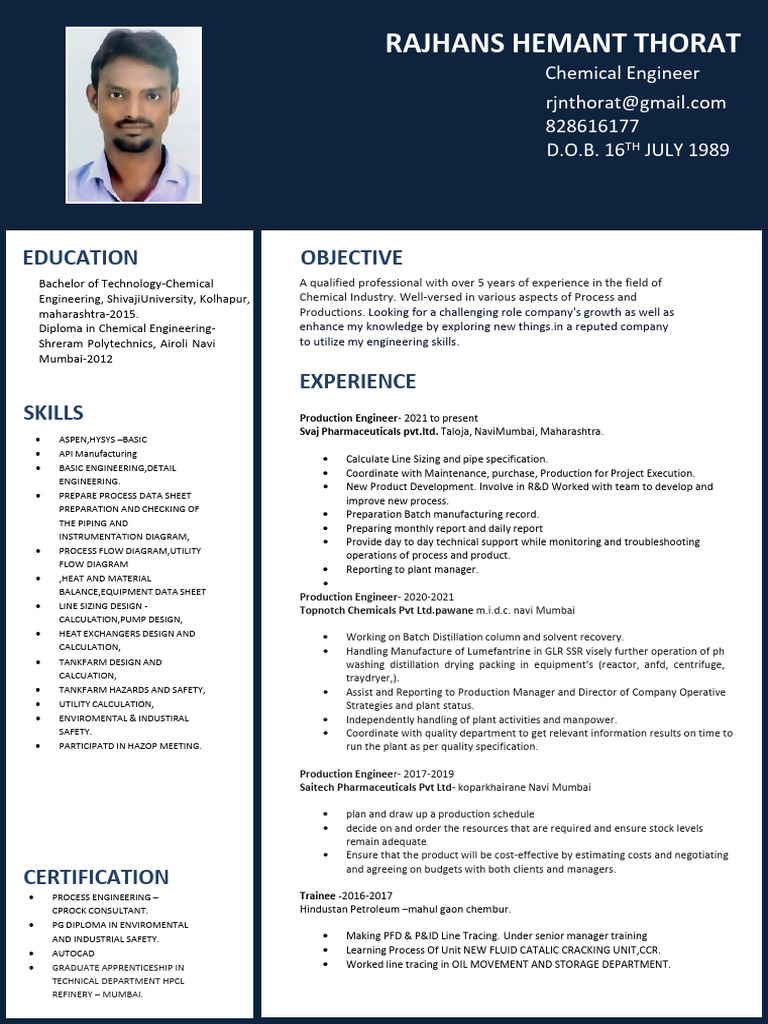 Rajan Production Resume 2023 | PDF | Chemistry | Chemical Engineering