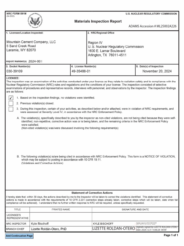 NRC Inspection Report: Mountain Cement | PDF | Nuclear Regulatory ...