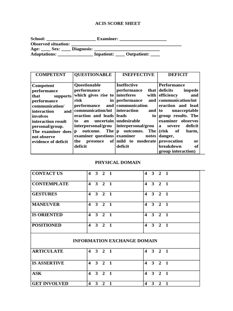 ACIS Score Sheet for Assessment | PDF | Communication | Psychological ...