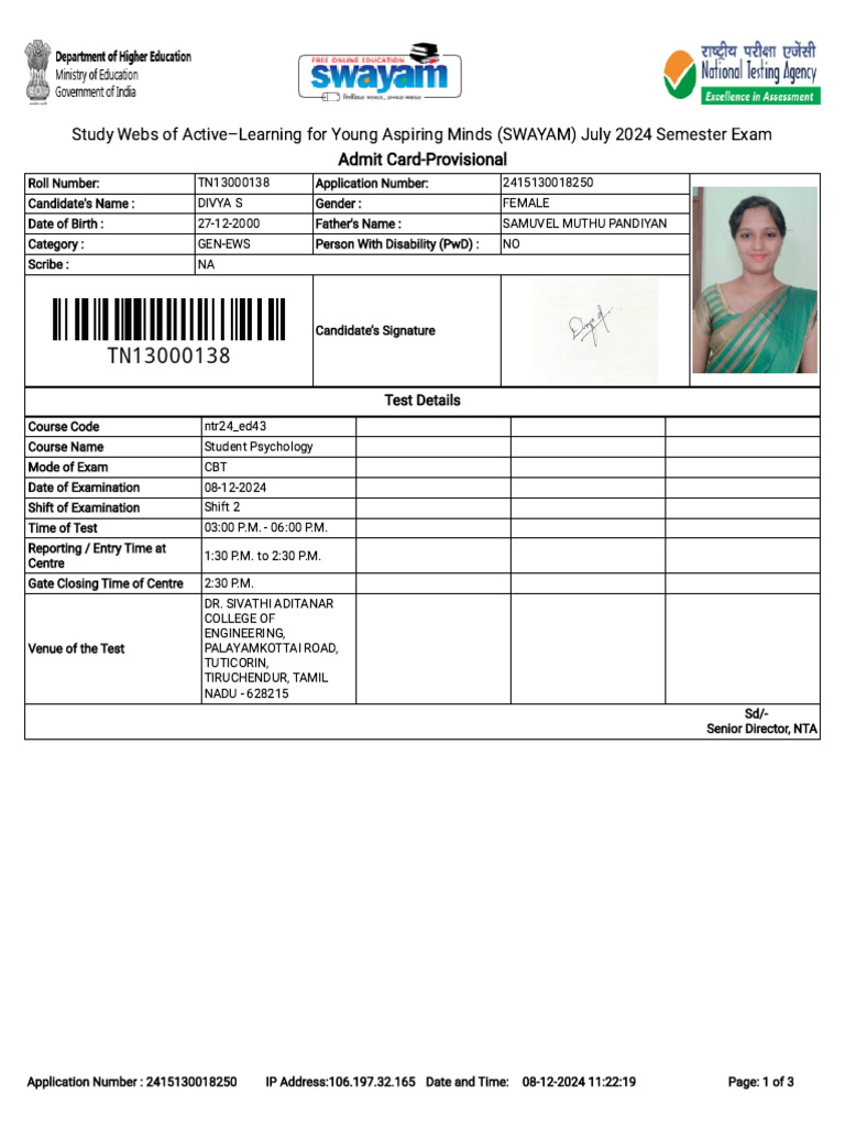 Swayam July 2024 Semester | PDF | Identity Document