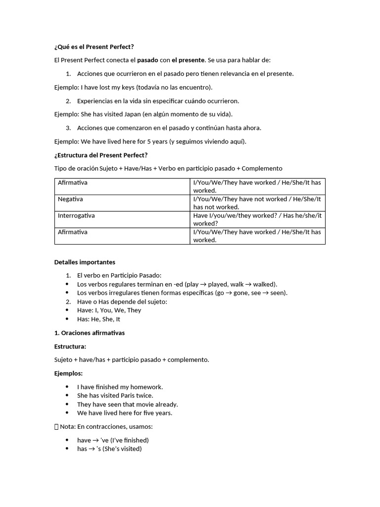 Guía del Present Perfect en inglés | PDF