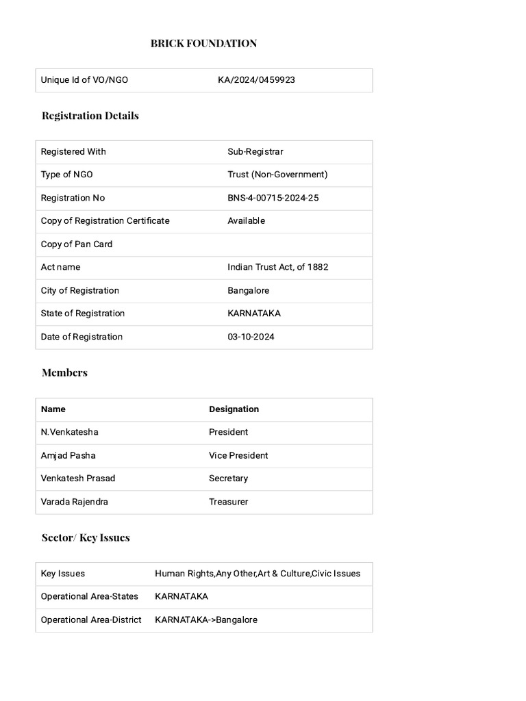 Brick Foundation NGO Registration Details | PDF