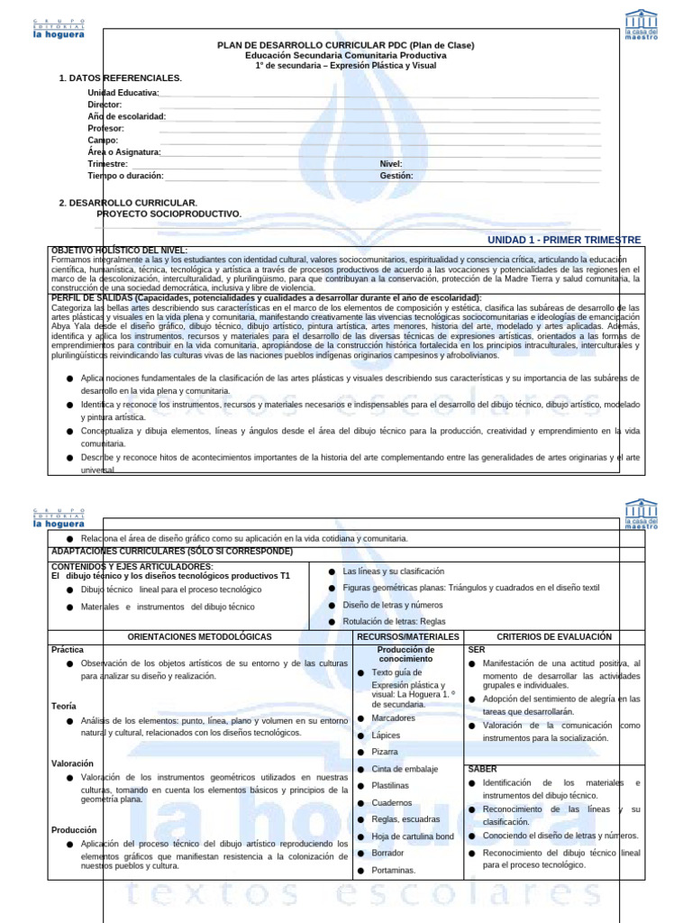 Plan de Clase Artes 1° Secundaria 2024 | PDF | Dibujo | Diseño