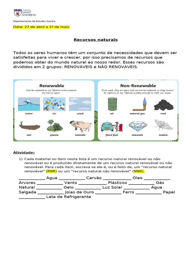 Folha de exercícios sobre recursos naturais | PDF | Energia renovável ...