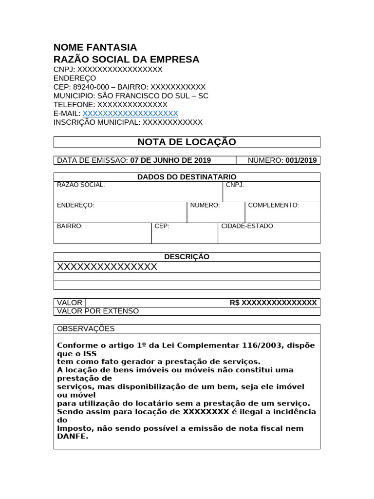 Modelo - Nota de Locação | PDF