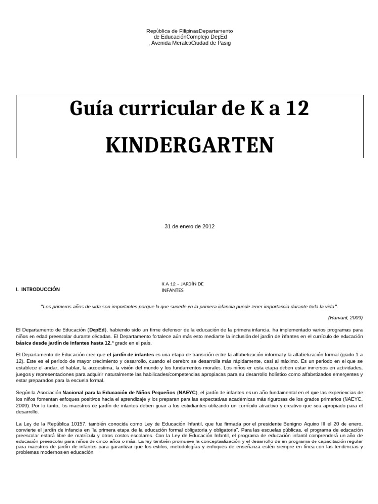 Guía Del Currículo de Jardín de Infantes | PDF | Educación de la ...