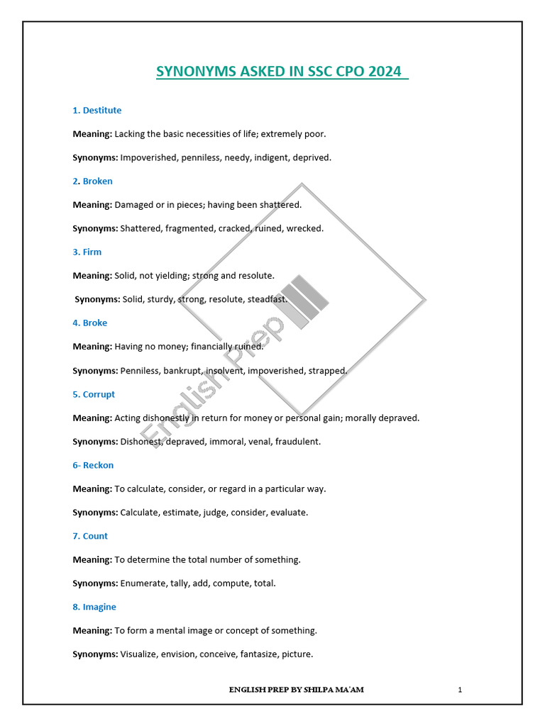 SSC CPO 2024 Synonyms Guide | PDF | Anxiety | Fear