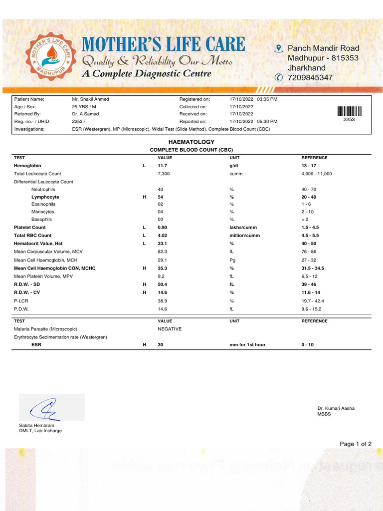 CBC and Widal Test Results | PDF | White Blood Cell | Cell Biology