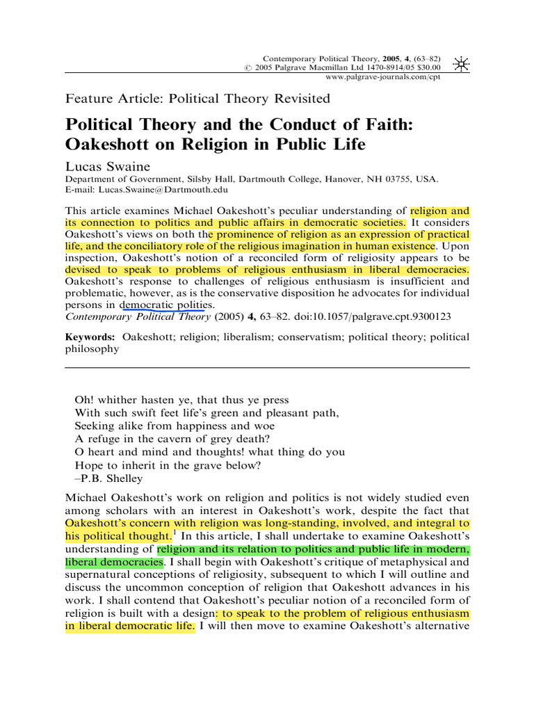 Political Theory and The Conduct of Faith Oakeshott On Religion in ...
