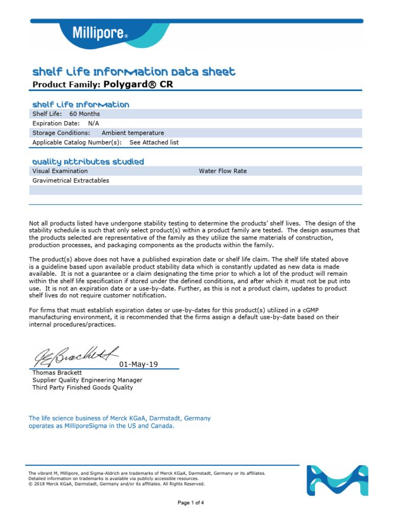 Polygard® CR Shelf Life Data Sheet | PDF | Shelf Life | Sigma Aldrich