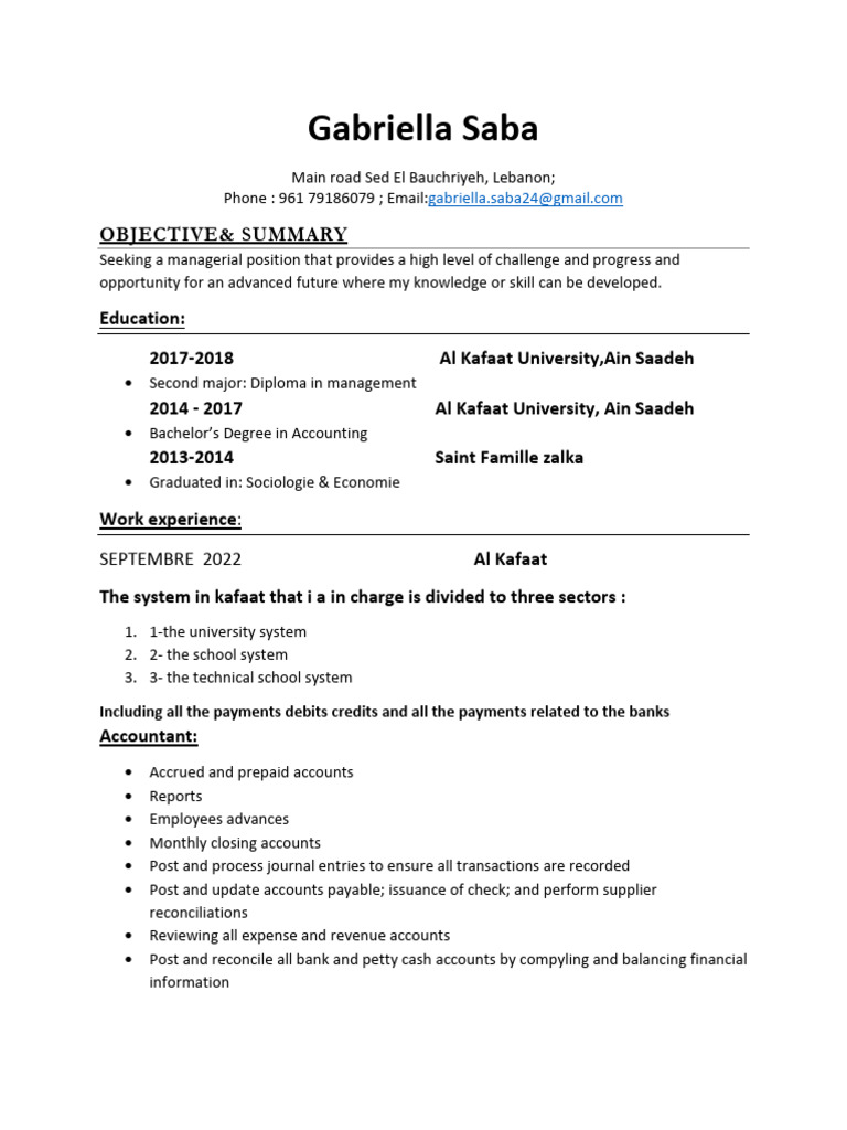 Managerial Accounting Resume of Gabriella Saba | PDF | Debits And ...