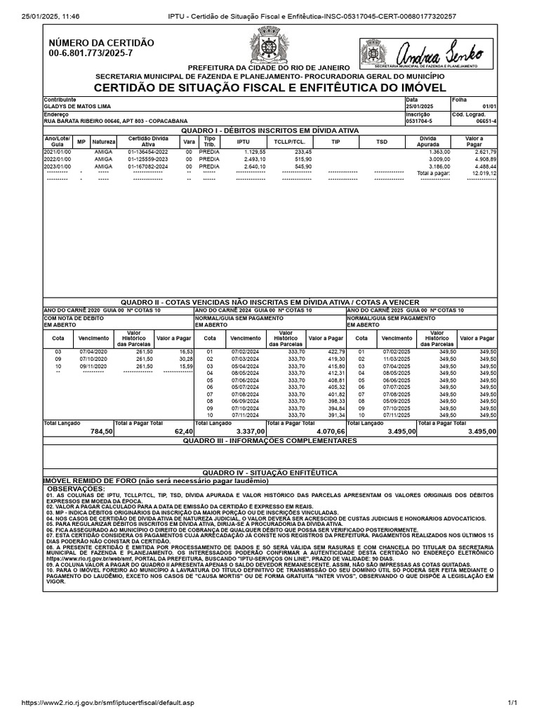 Certidão de Situação Fiscal e Enfitêutica | PDF