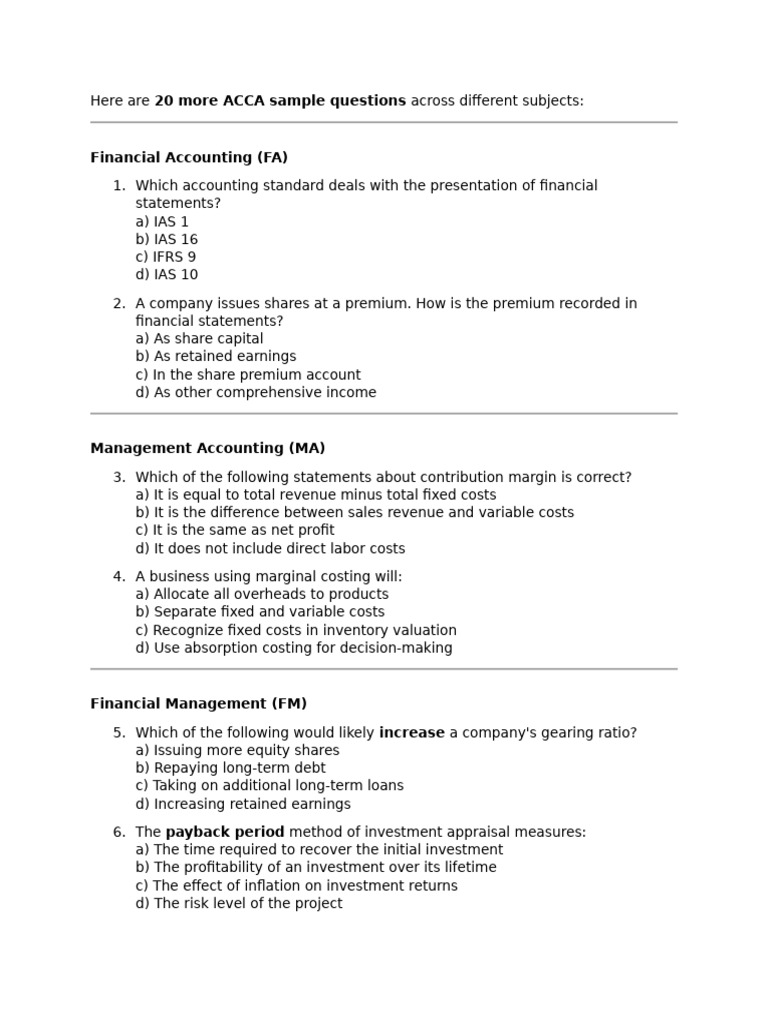 20 ACCA Sample Questions for Exam Prep | PDF | Taxes | Audit