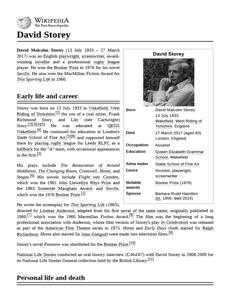 David Storey: Novelist and Playwright | PDF