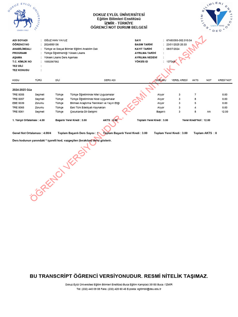 Bu Transcript Öğrenci Versiyonudur. Resmi Nitelik Taşimaz | PDF