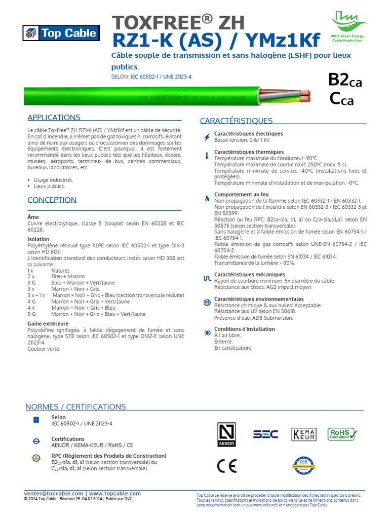 TOPCABLE - RZ1-K (AS) 0,6-1kV CPR FR - Rev29 | PDF | Câble coaxial