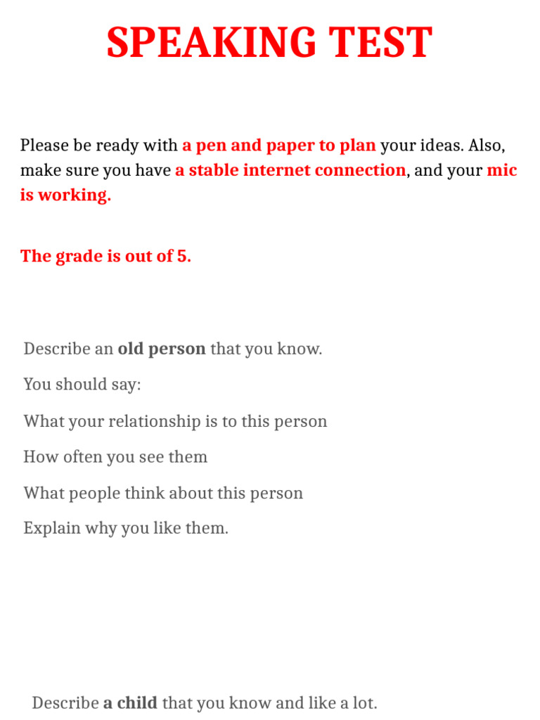Speaking Test Prompts and Guidelines | PDF | Experience