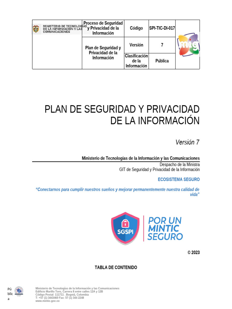 Plan de Seguridad y Privacidad MINTIC | PDF | La seguridad informática ...