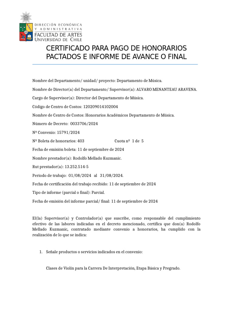 Informe de Pago de Honorarios Música | PDF