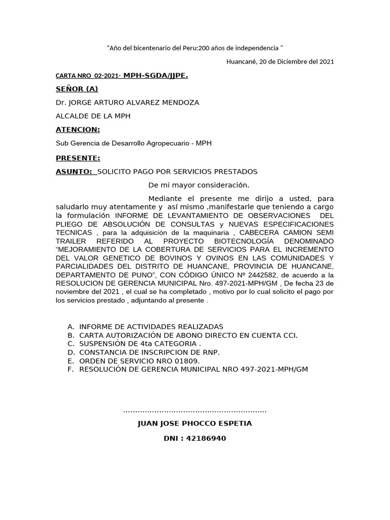 Solicitud de Pago por Servicios en Huancané | PDF