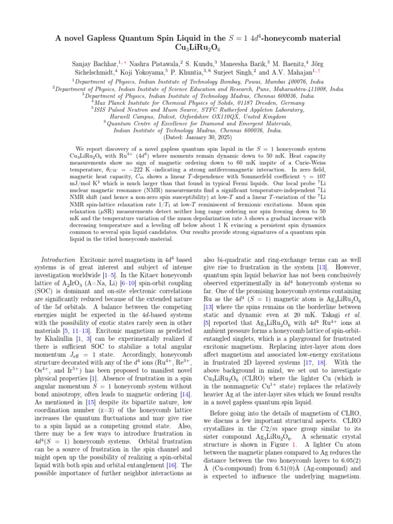 A Novel Gapless Quantum Spin Liquid in The - Honeycomb Material Cu Liru ...