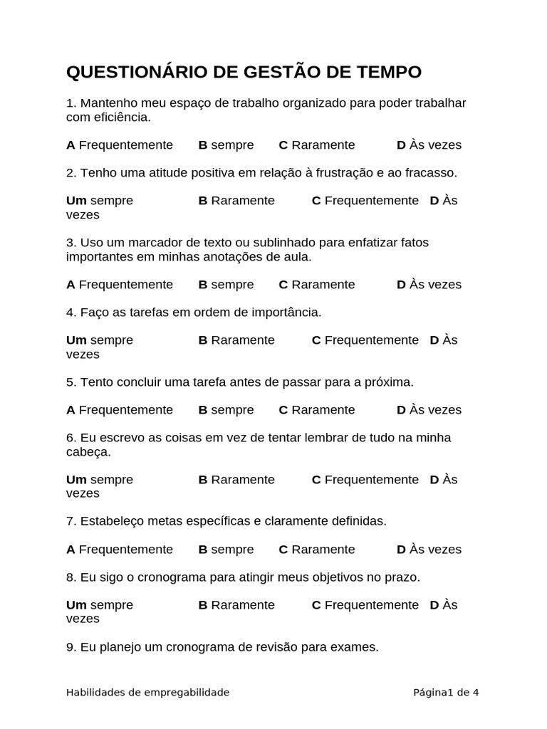 Questionário de Gestão Do Tempo | PDF | Tempo