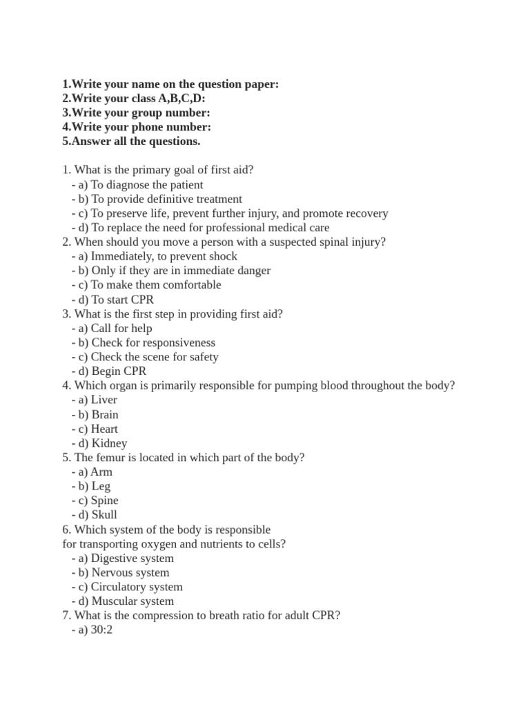 First Aid Quiz: Essential Knowledge | PDF | Cardiopulmonary ...
