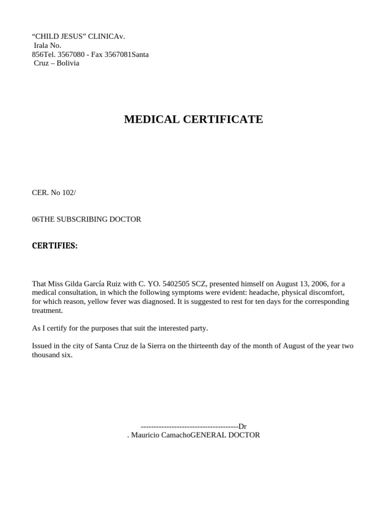 Medical Certificate for Yellow Fever | PDF