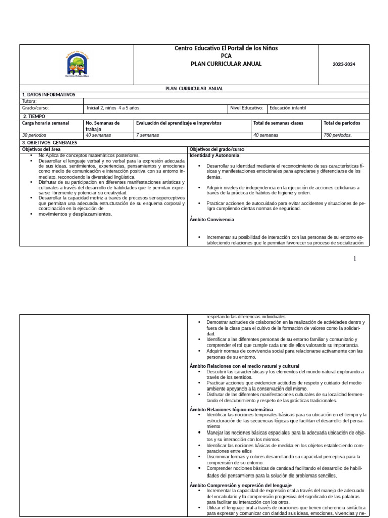 Plan Curricular Inicial 2023-2024 | PDF | Las emociones | Educación de ...