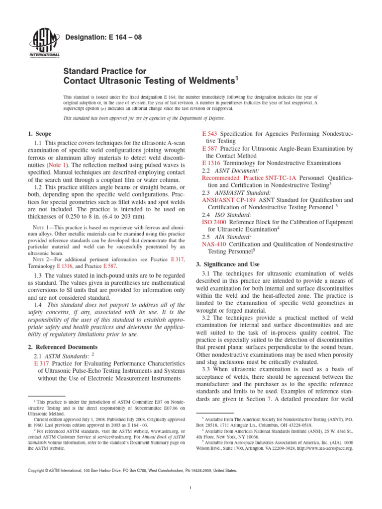 ASTM E 164 08 Pruebas de Soldadura Por Ultrasonido | PDF ...