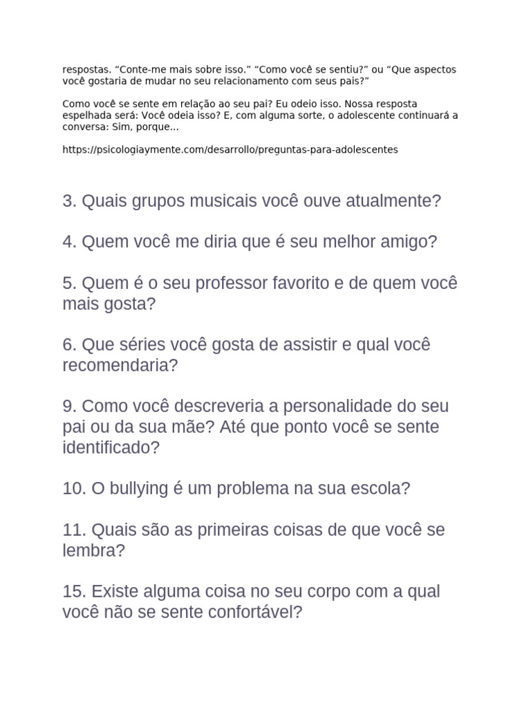 Perguntas Reflexivas para Adolescentes | PDF