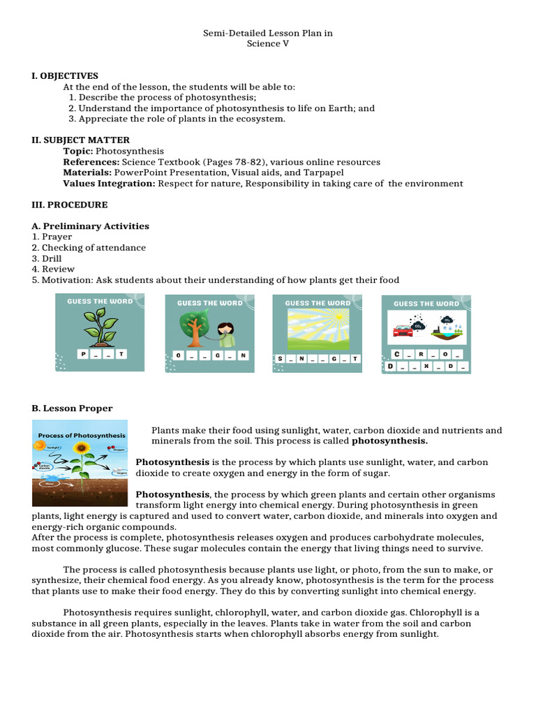Photosynthesis Lesson Plan for Grade 5 | PDF | Photosynthesis | Plants