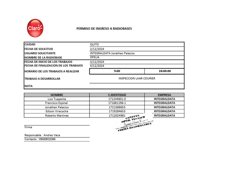 Solicitud de Trabajo en Radio Base Ofelia | PDF