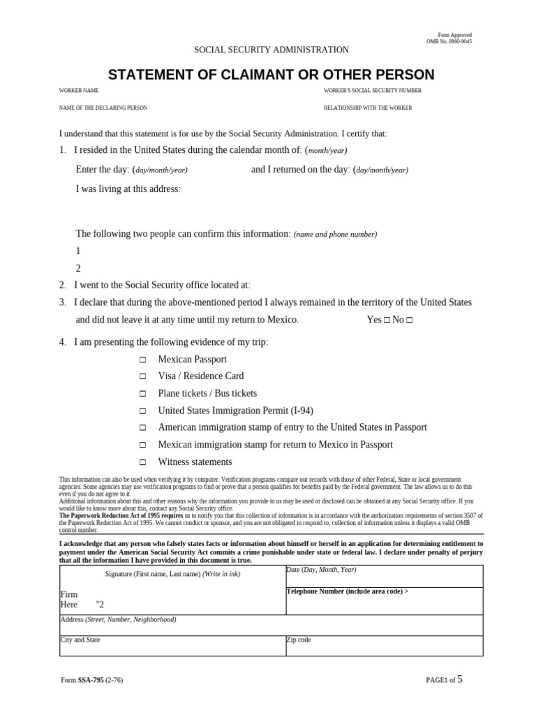 SSA-795 Claimant Statement Form | PDF | Social Security (United States ...