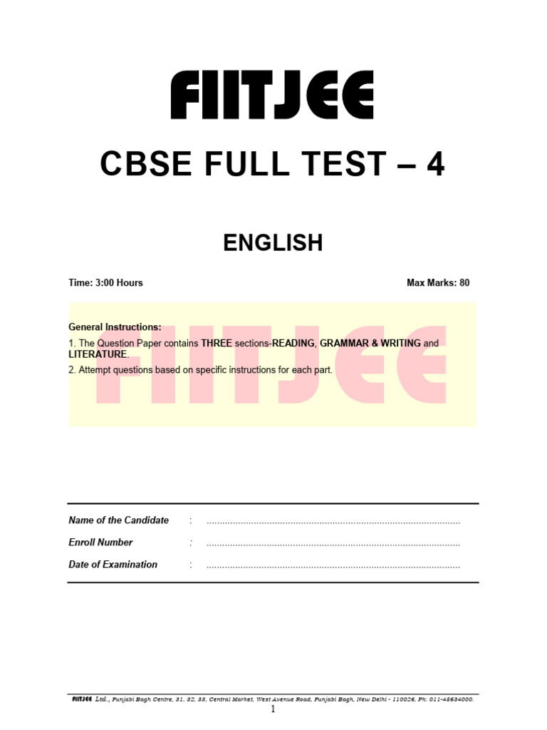 FIITJEE CBSE Full Test 4: English Exam | PDF | Allergy | Allergen