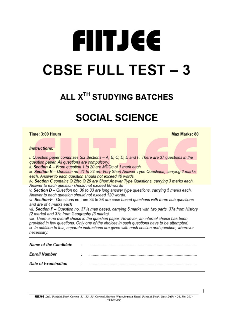 CBSE Full Test 3: Social Science Xth Grade | PDF