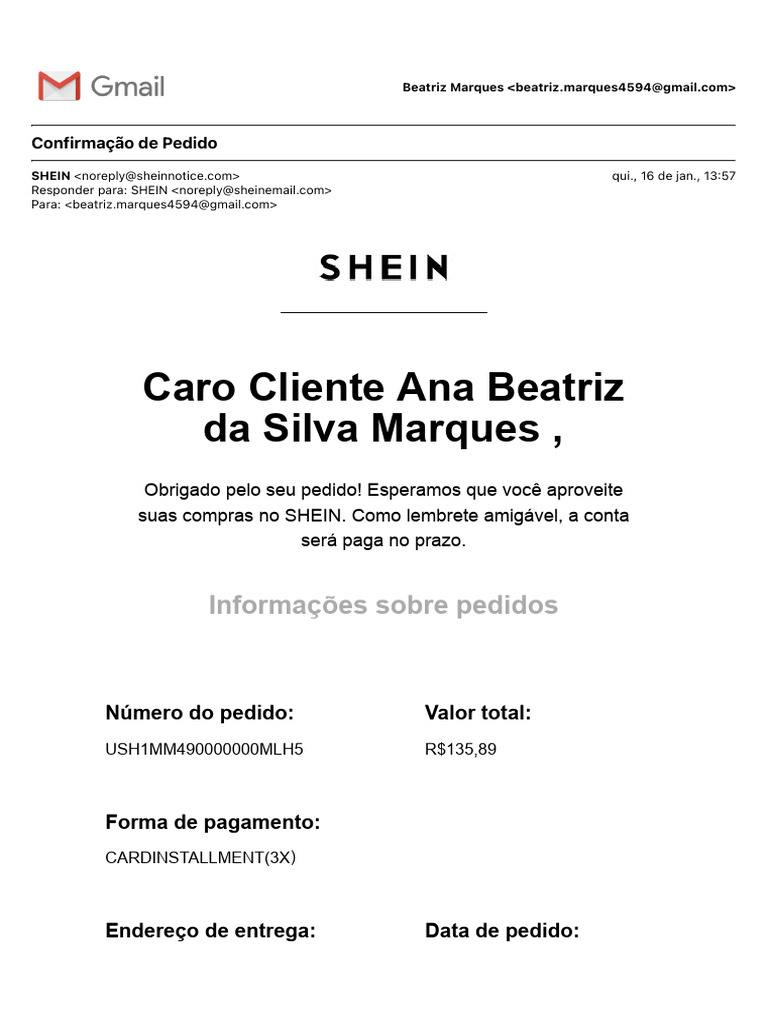 Confirmação de Pedido SHEIN | PDF