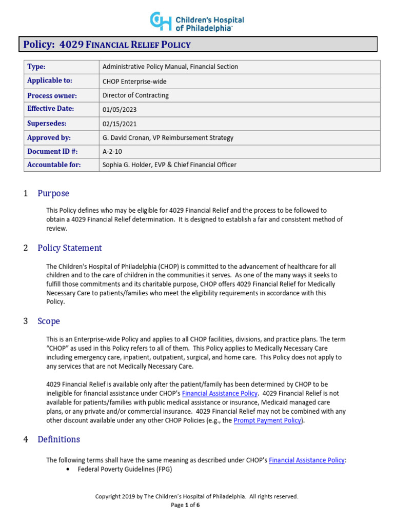 CHOP 4029 Financial Relief Policy Guide | PDF | Identity Document