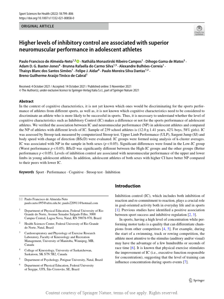 Inhibitory Control and Athletic Performance | PDF | Adolescence ...