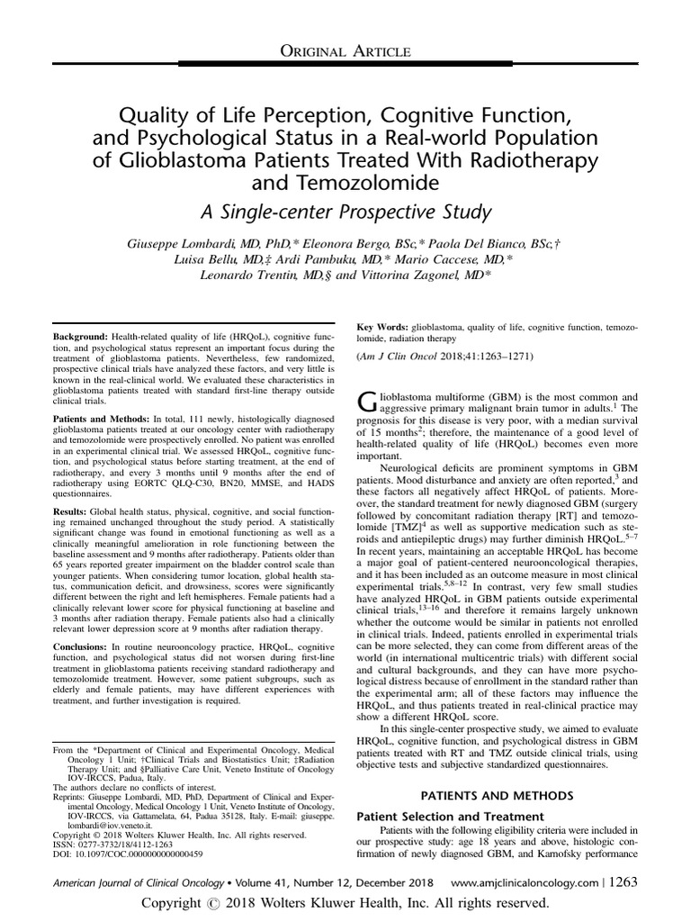 Quality of Life Perception, Cognitive Function,.21 | PDF | Clinical ...