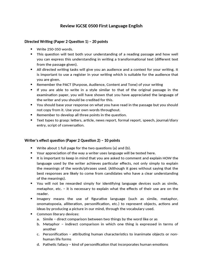 IGCSE 0500 English Exam Writing Guide | PDF | Metaphor | Question